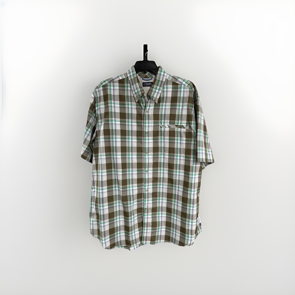 Chaps mens shirt short sleeve button 2XLT TALL wicking green brown EUC C114